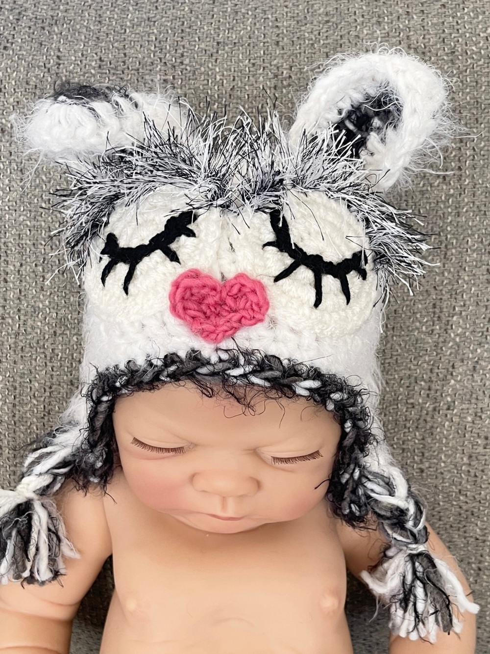 Handmade Baby Bunny Animal Earflap Hat – White & Gray Fuzzy Newborn Hat - Picture 3 of 5